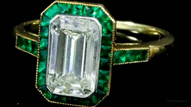 1 Carat Oblong cut Diamond & Emerald 18ct Gold Ring